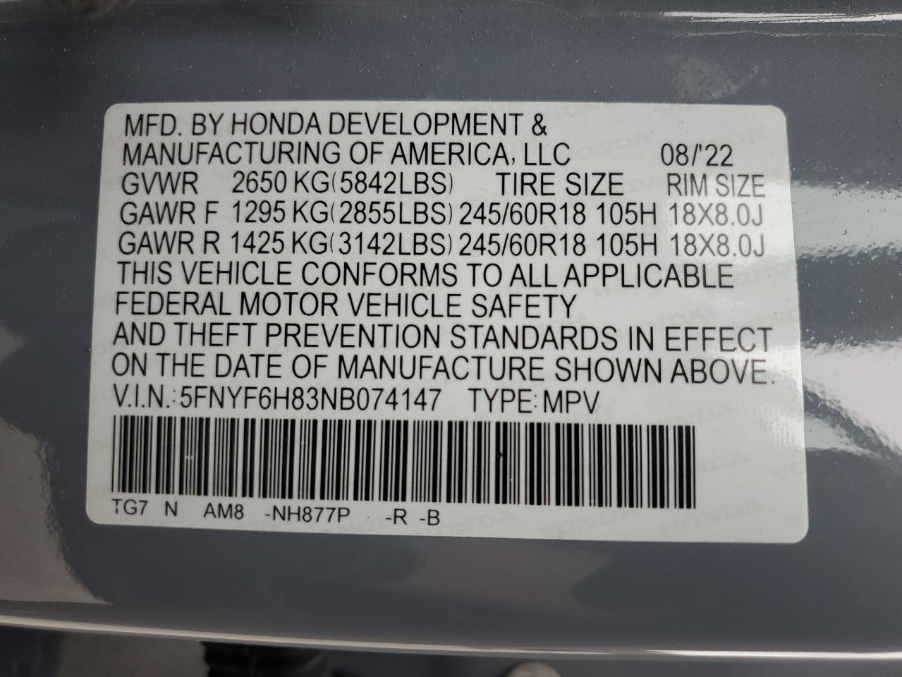 2022 Honda Pilot Trailsport VIN: 5FNYF6H83NB074147 Lot: 68437835