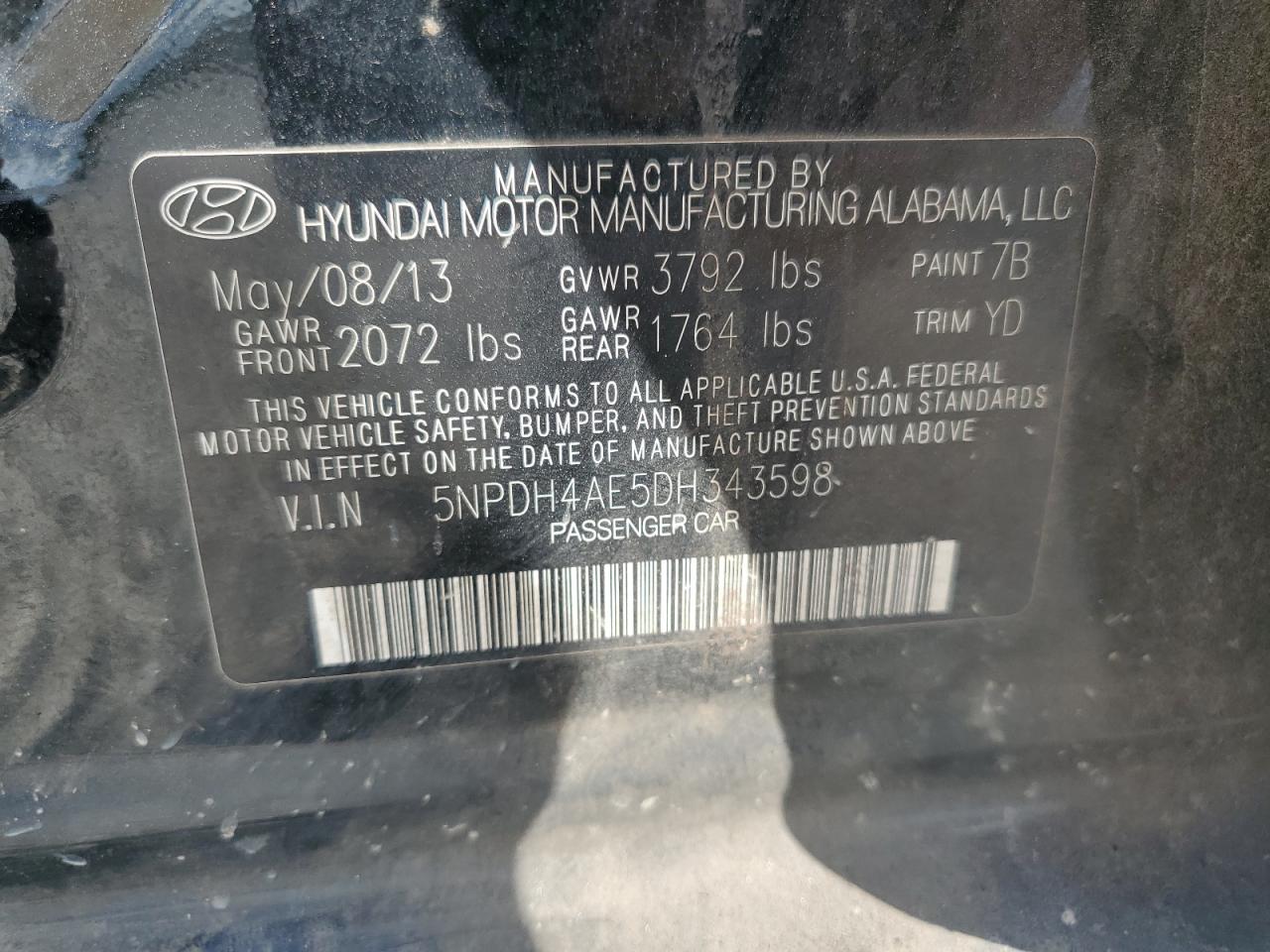 2013 Hyundai Elantra Gls VIN: 5NPDH4AE5DH343598 Lot: 67615905