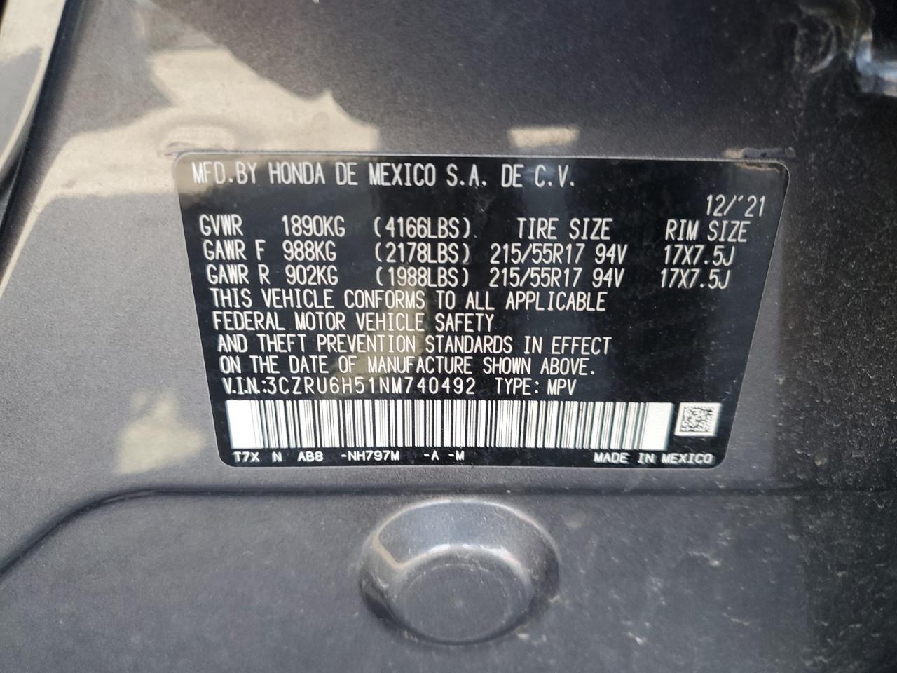 2022 Honda Hr-V Ex VIN: 3CZRU6H51NM740492 Lot: 69119975