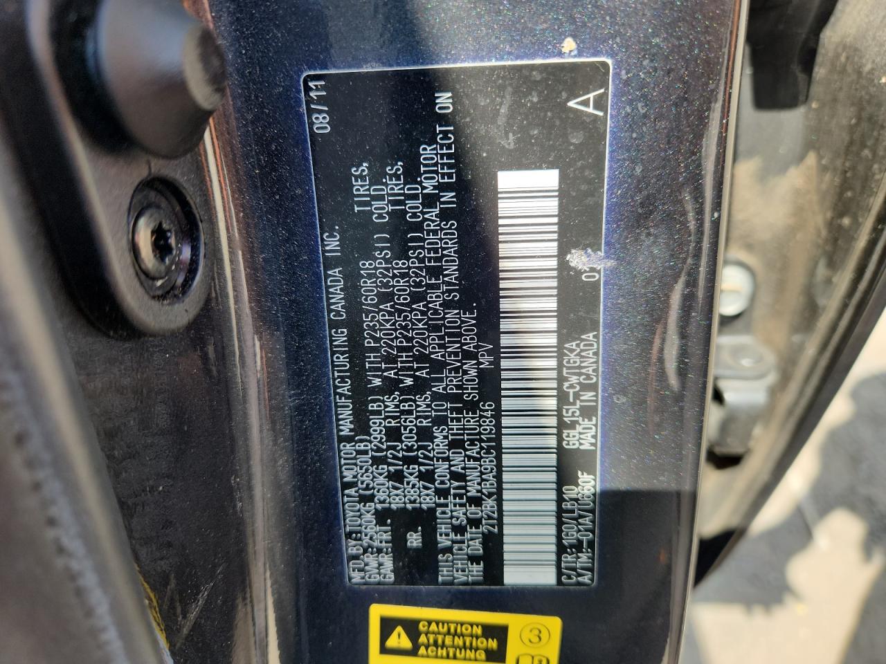 2011 Lexus Rx 350 VIN: 2T2BK1BA9BC119846 Lot: 68160385