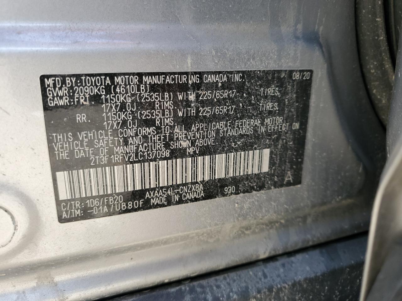 2020 Toyota Rav4 Le VIN: 2T3F1RFV2LC137098 Lot: 69138385