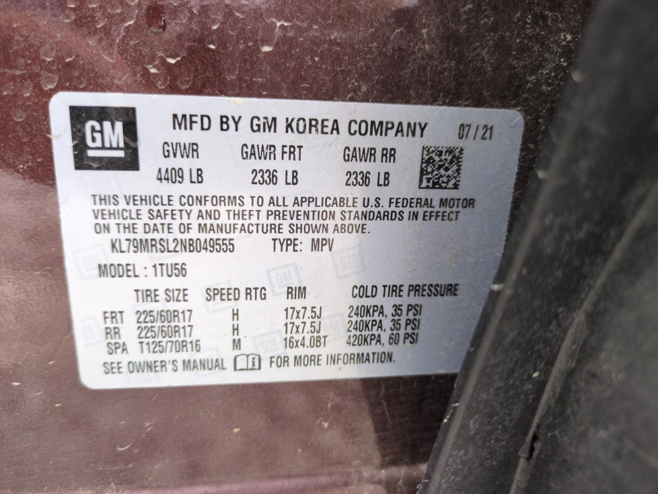 2022 Chevrolet Trailblazer Lt VIN: KL79MRSL2NB049555 Lot: 67974555