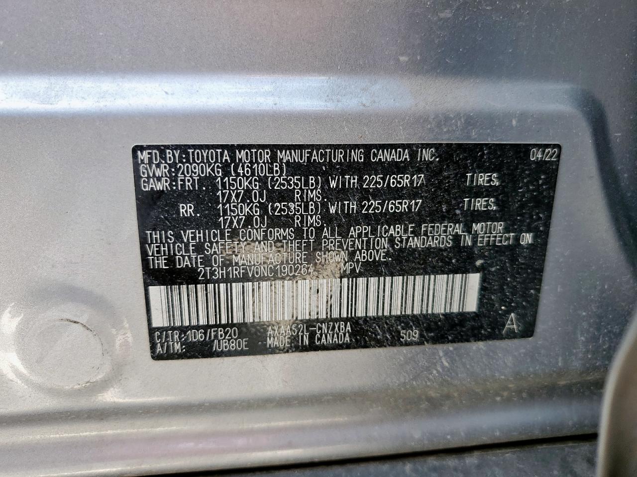 2022 Toyota Rav4 Le VIN: 2T3H1RFV0NC190264 Lot: 70378595