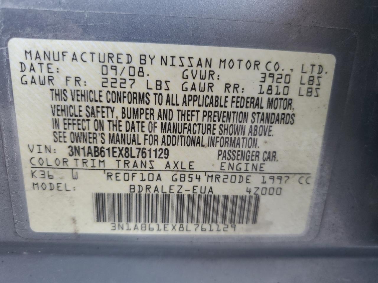 2008 Nissan Sentra 2.0 VIN: 3N1AB61EX8L761129 Lot: 70484545