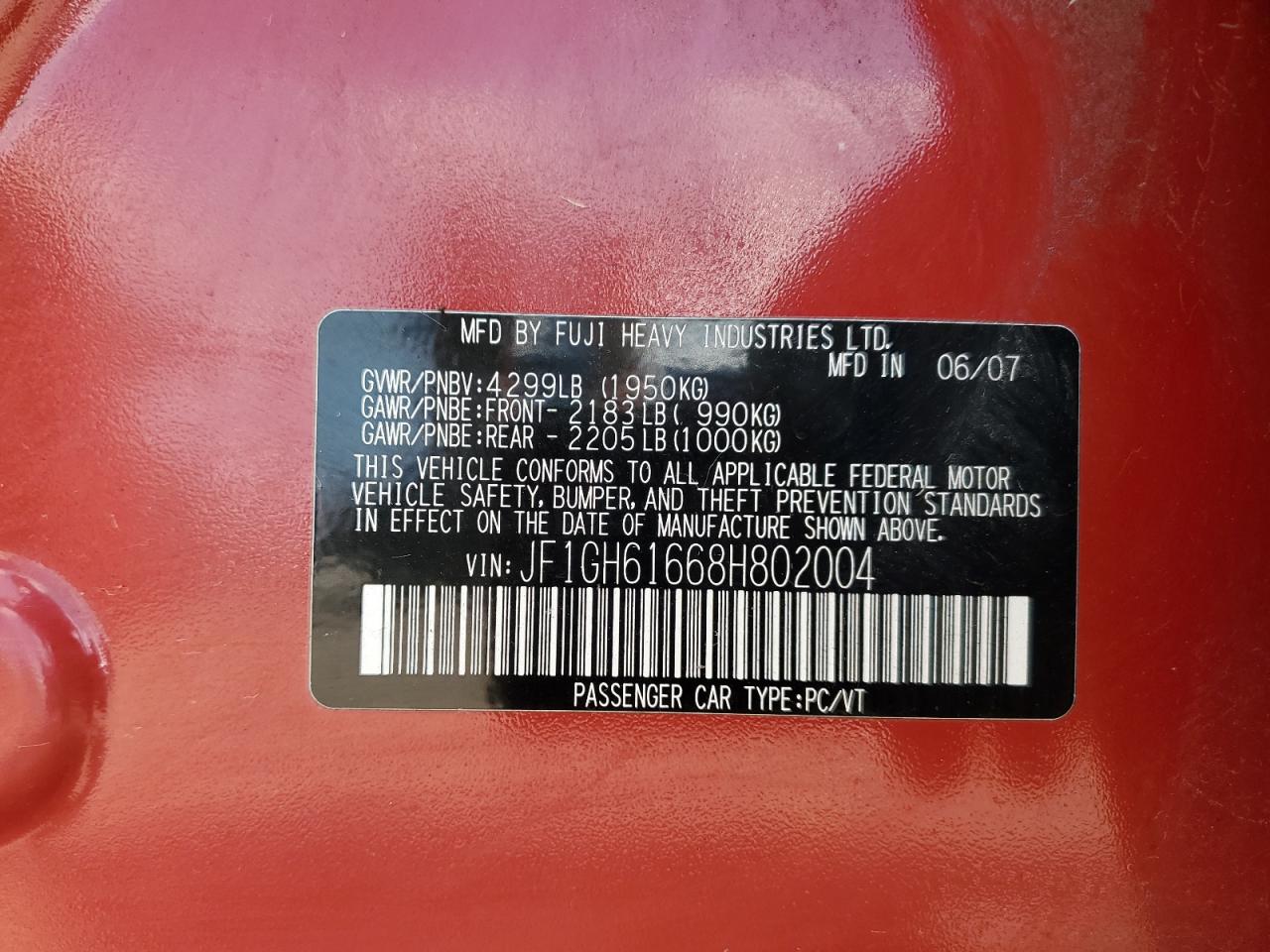 2008 Subaru Impreza 2.5I VIN: JF1GH61668H802004 Lot: 68776355