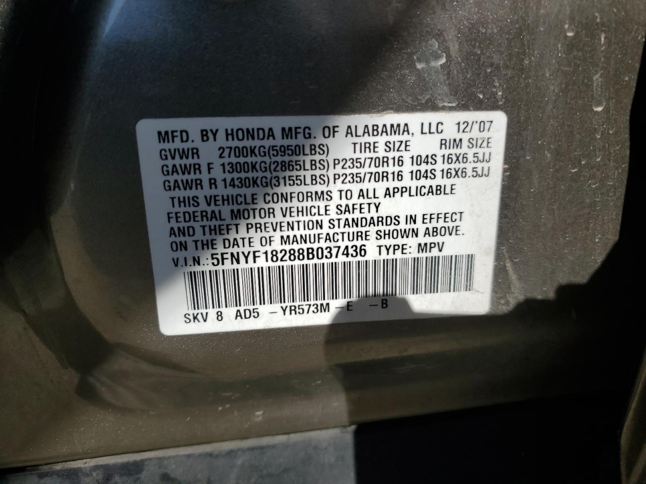 2008 Honda Pilot Vp VIN: 5FNYF18288B037436 Lot: 70288885