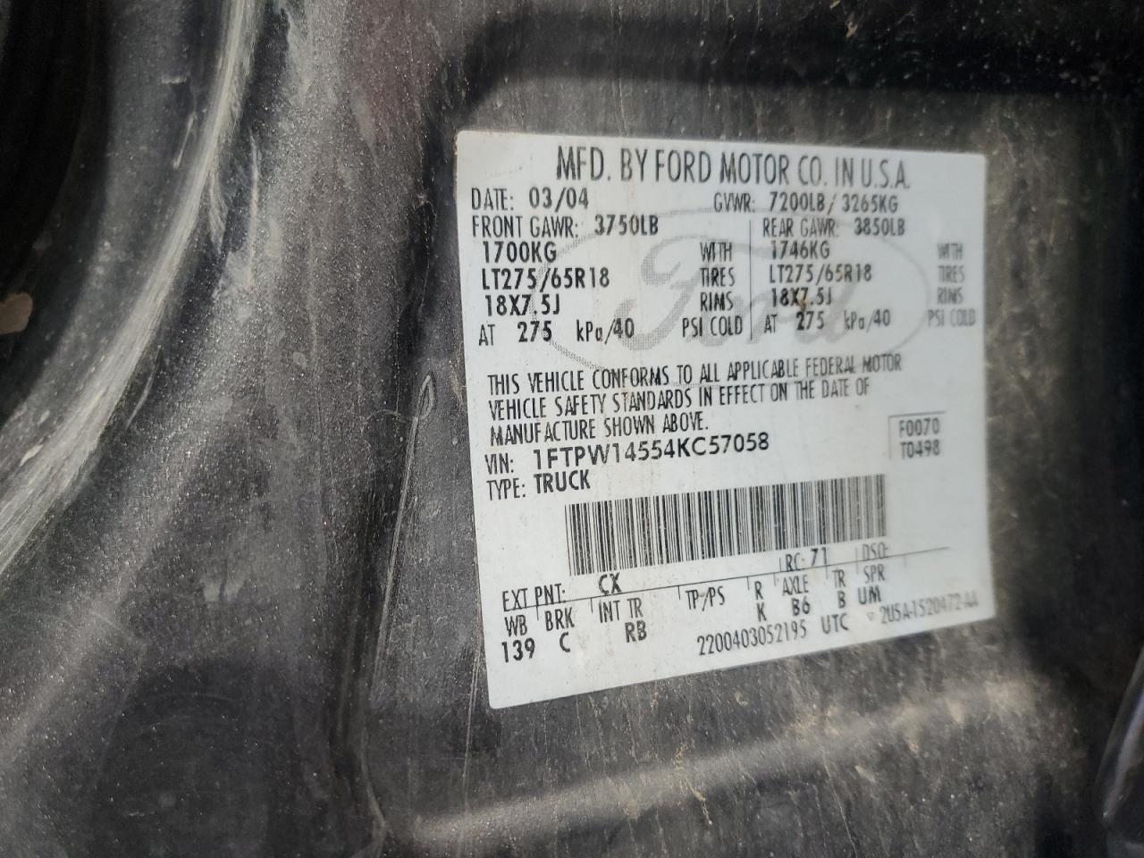 2004 Ford F150 Supercrew VIN: 1FTPW14554KC57058 Lot: 70370985