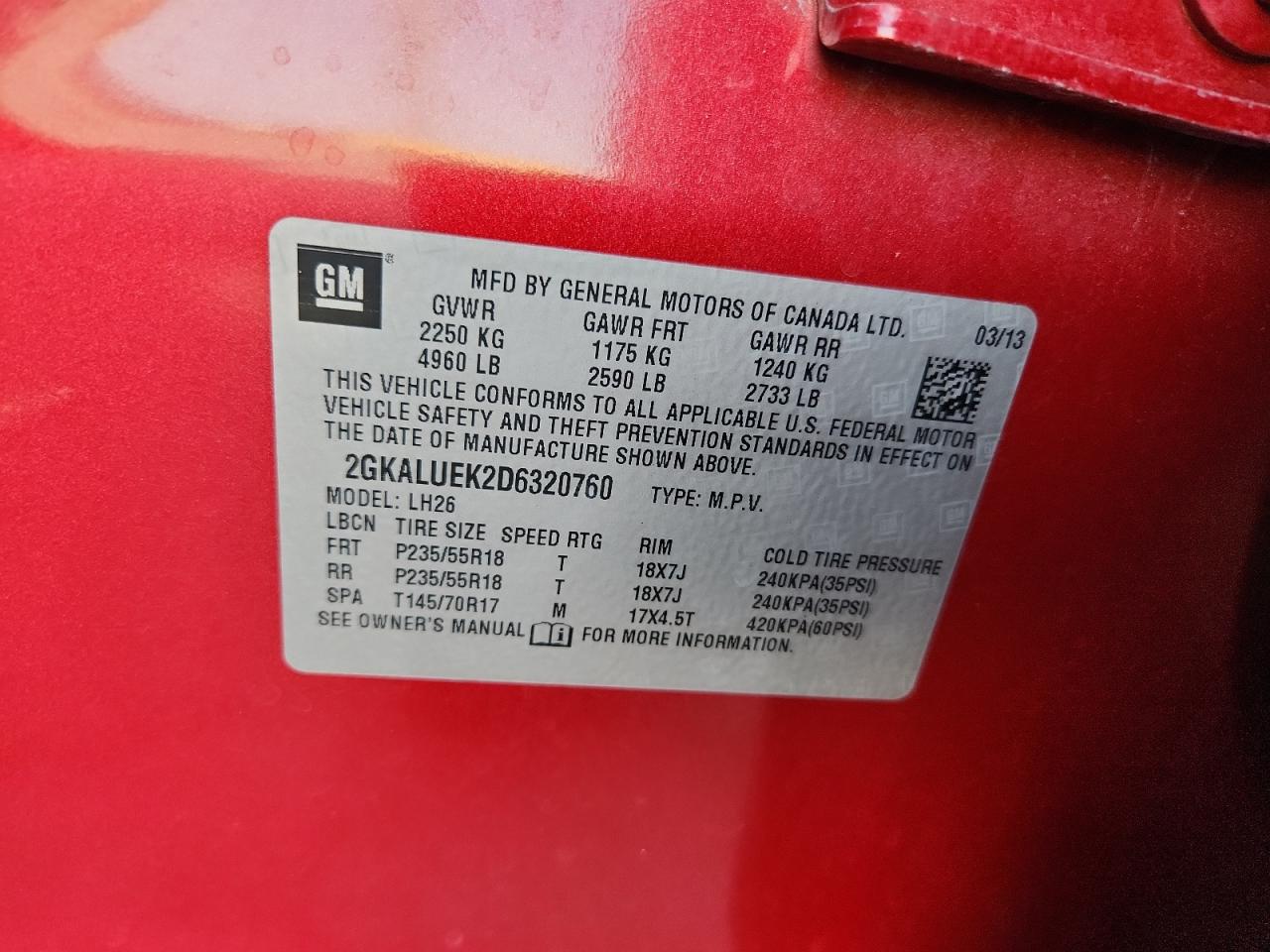 2013 GMC Terrain Slt VIN: 2GKALUEK2D6320760 Lot: 70905085