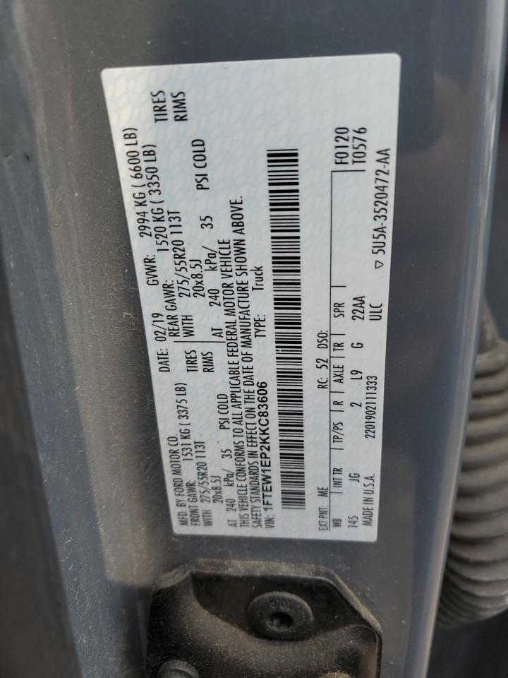 2019 Ford F150 Supercrew VIN: 1FTEW1EP2KKC83606 Lot: 65764725