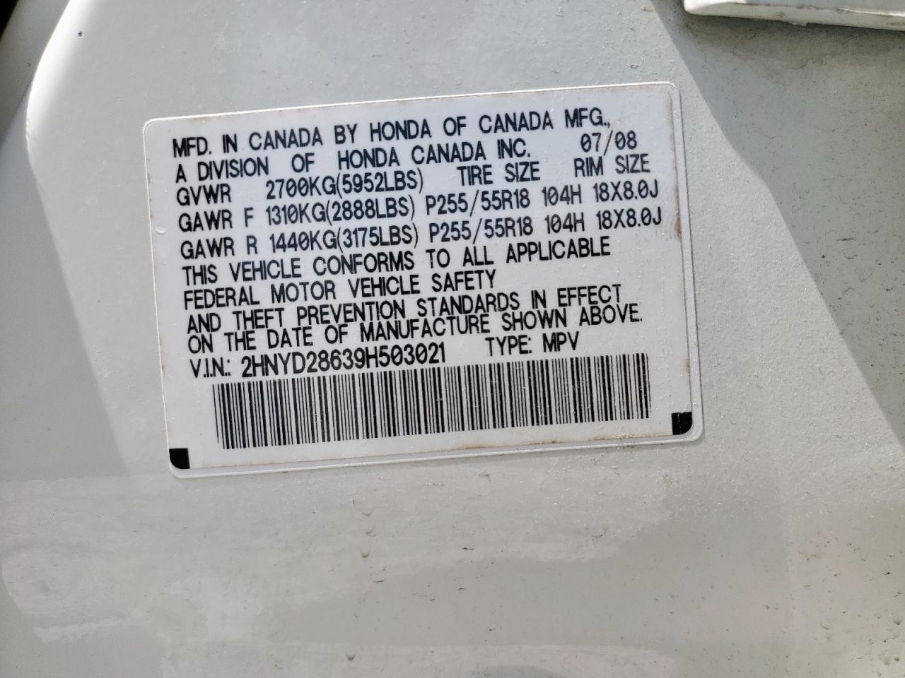 2009 Acura Mdx Technology VIN: 2HNYD28639H503021 Lot: 68668635