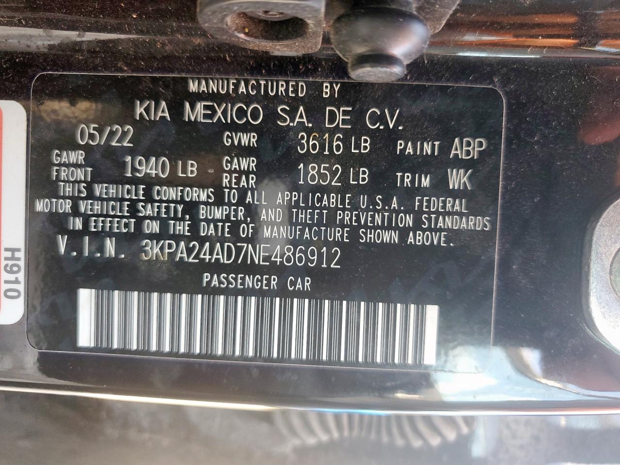 2022 Kia Rio Lx VIN: 3KPA24AD7NE486912 Lot: 70804985