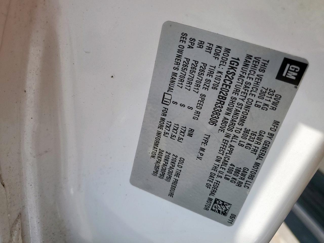 2011 GMC Yukon Slt VIN: 1GKS2CE02BR338306 Lot: 69281945