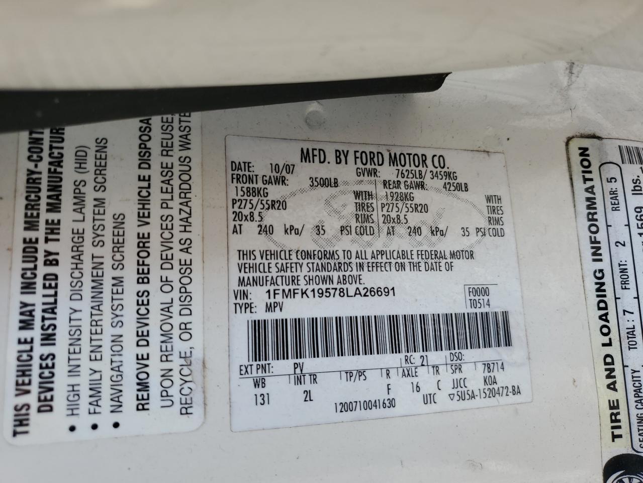 2008 Ford Expedition El Limited VIN: 1FMFK19578LA26691 Lot: 68486725