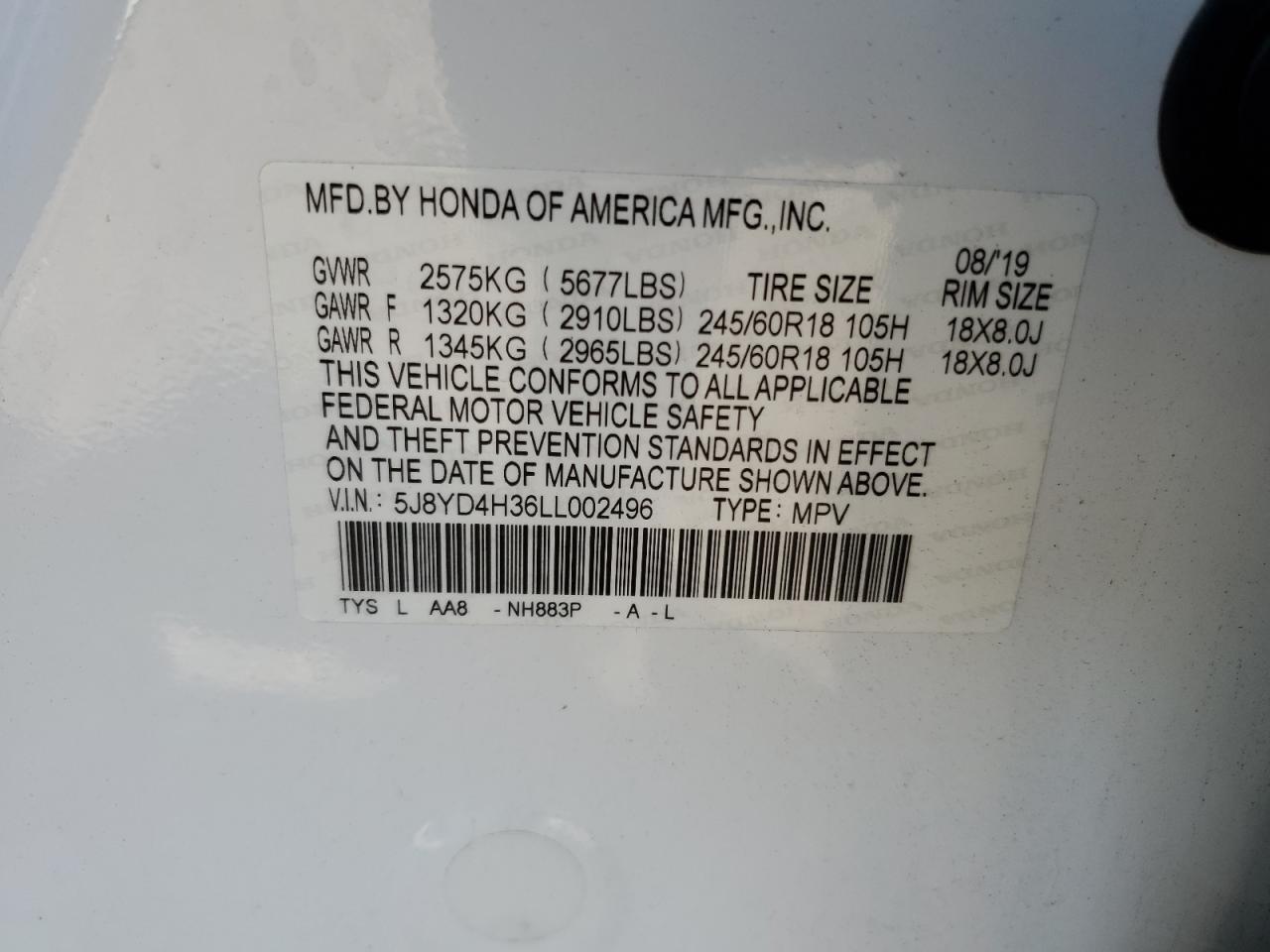 2020 Acura Mdx VIN: 5J8YD4H36LL002496 Lot: 71019645