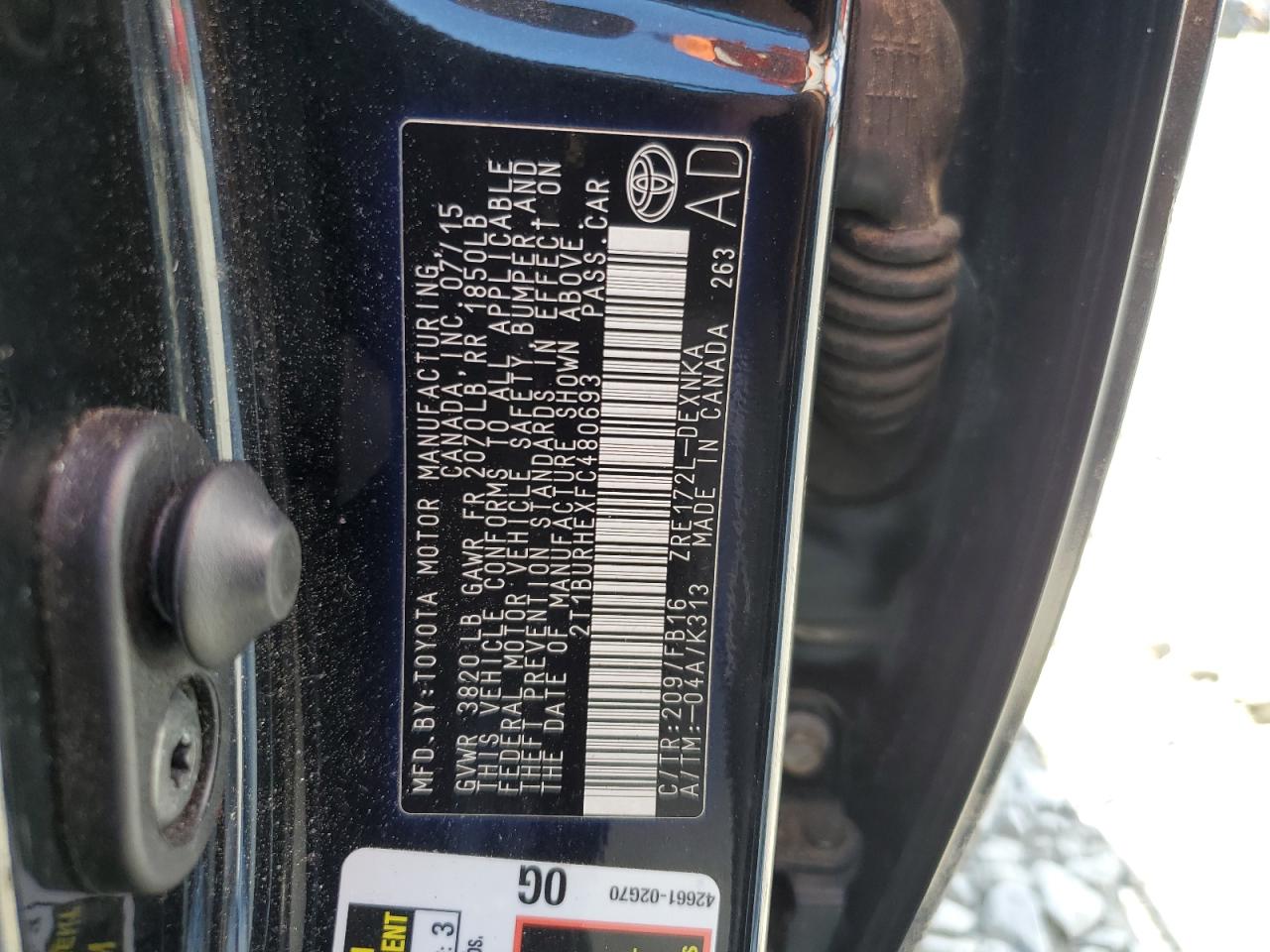 2015 Toyota Corolla L VIN: 2T1BURHEXFC480693 Lot: 70652225