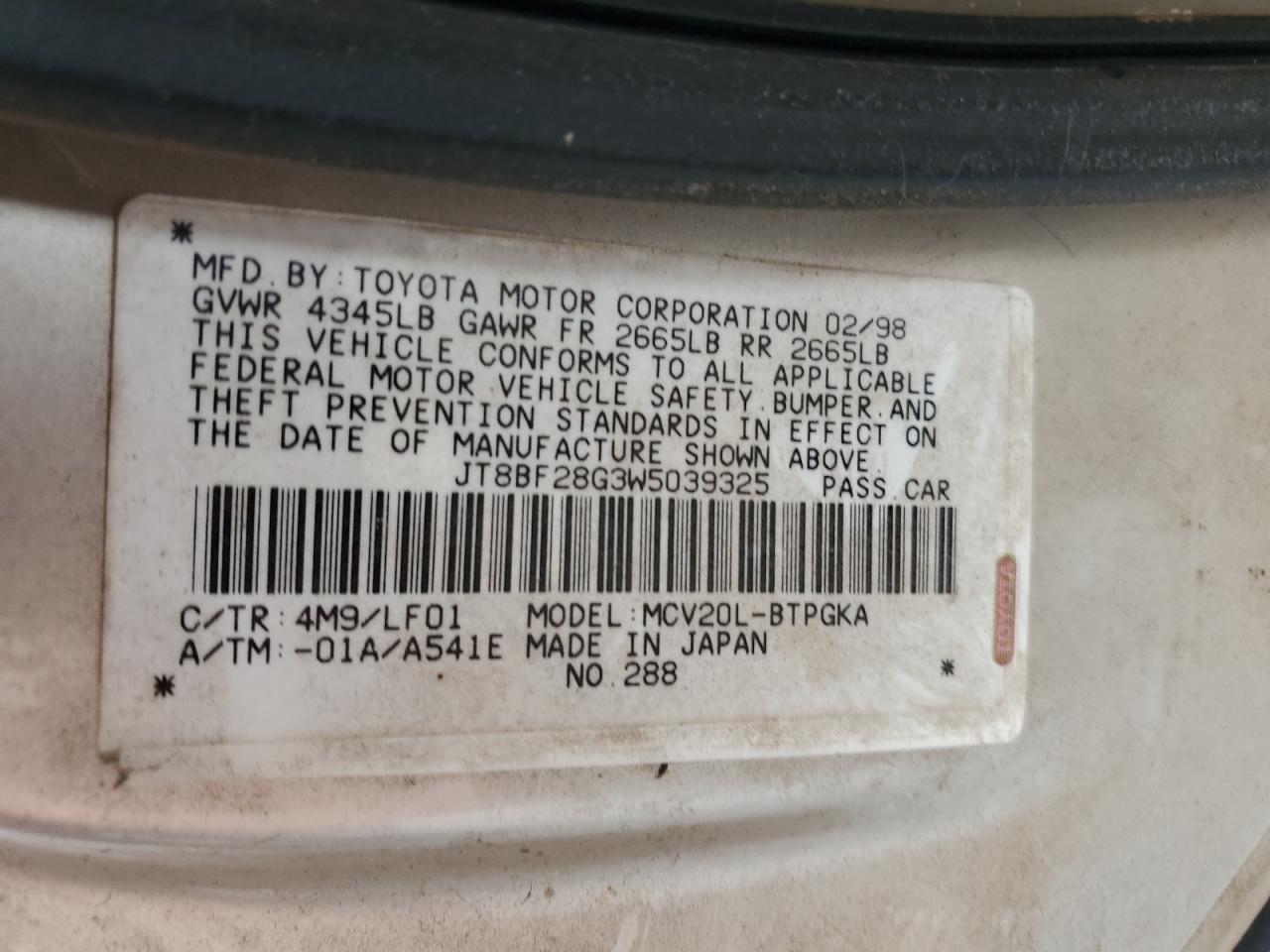 1998 Lexus Es 300 VIN: JT8BF28G3W5039325 Lot: 69311575