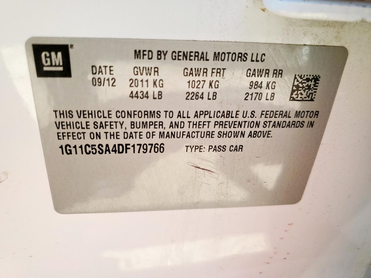 2013 Chevrolet Malibu 1Lt VIN: 1G11C5SA4DF179766 Lot: 69456185