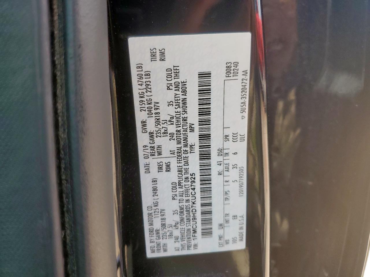 2019 Ford Escape Sel VIN: 1FMCU9HD7KUC47925 Lot: 67579835