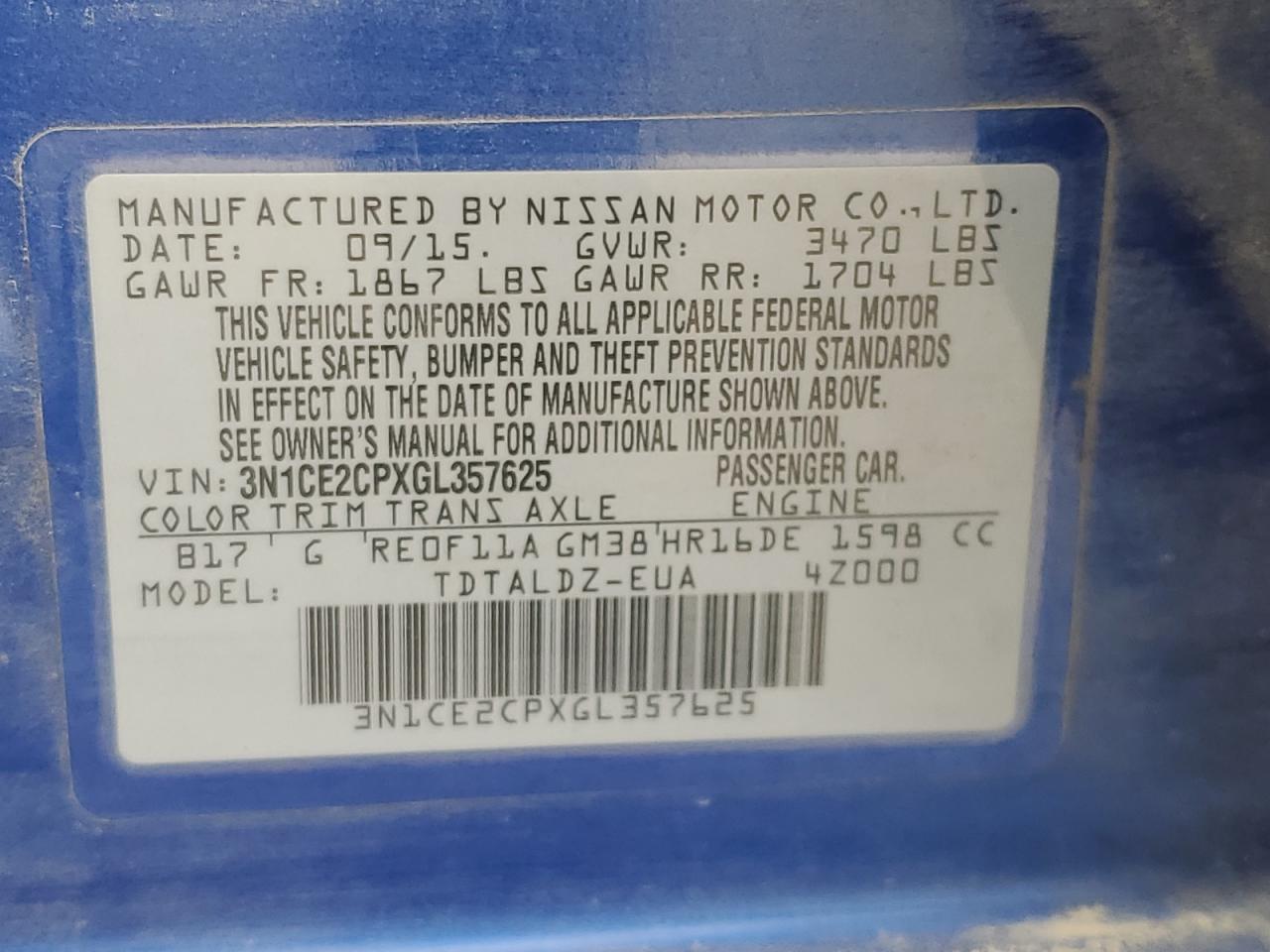 2016 Nissan Versa Note S VIN: 3N1CE2CPXGL357625 Lot: 70021945