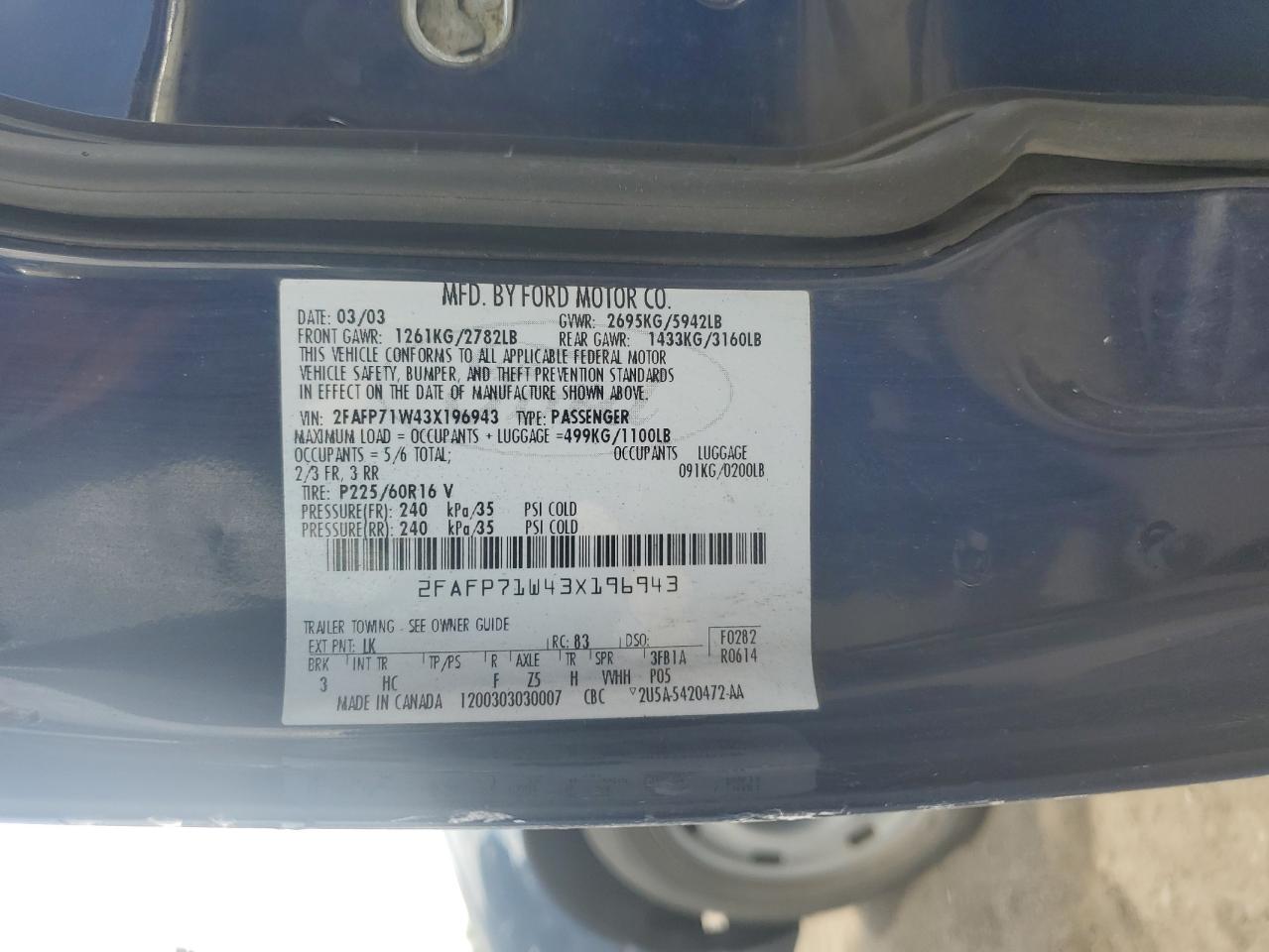 2003 Ford Crown Victoria Police Interceptor VIN: 2FAFP71W43X196943 Lot: 70266405