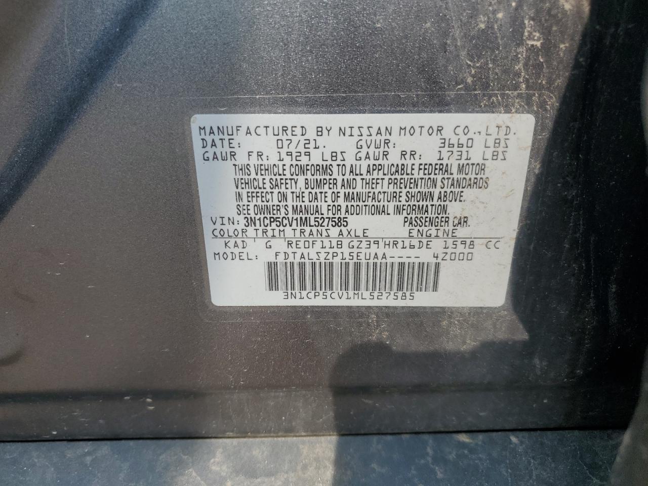3N1CP5CV1ML527585 2021 Nissan Kicks Sv