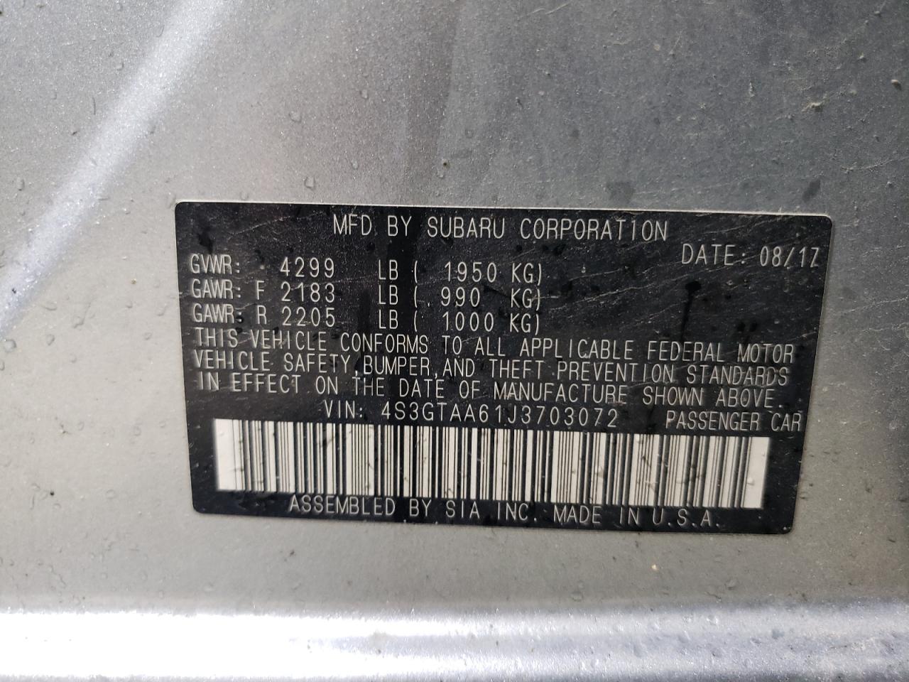 2018 Subaru Impreza VIN: 4S3GTAA61J3703072 Lot: 69091535