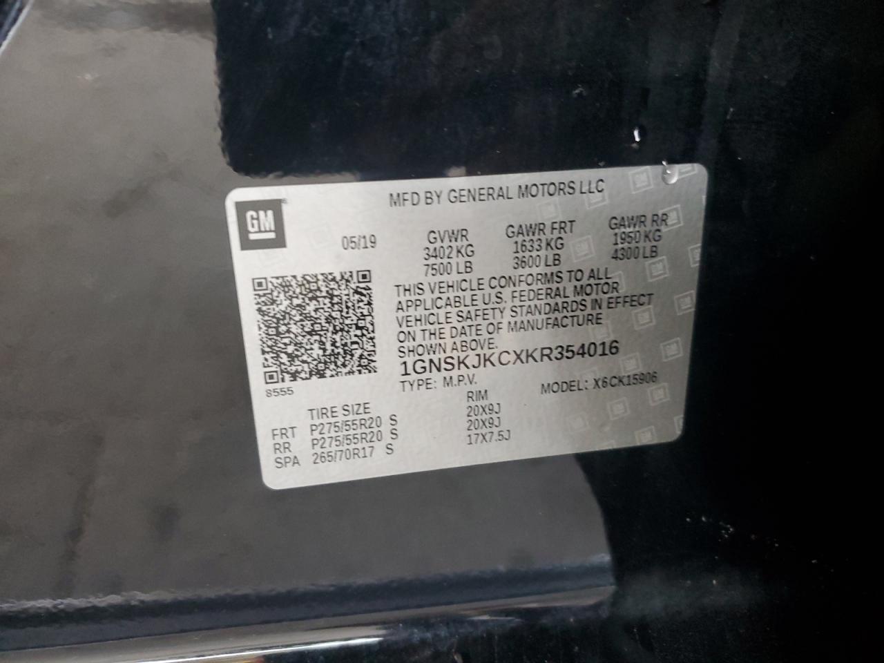 2019 Chevrolet Suburban K1500 Premier VIN: 1GNSKJKCXKR354016 Lot: 68619025