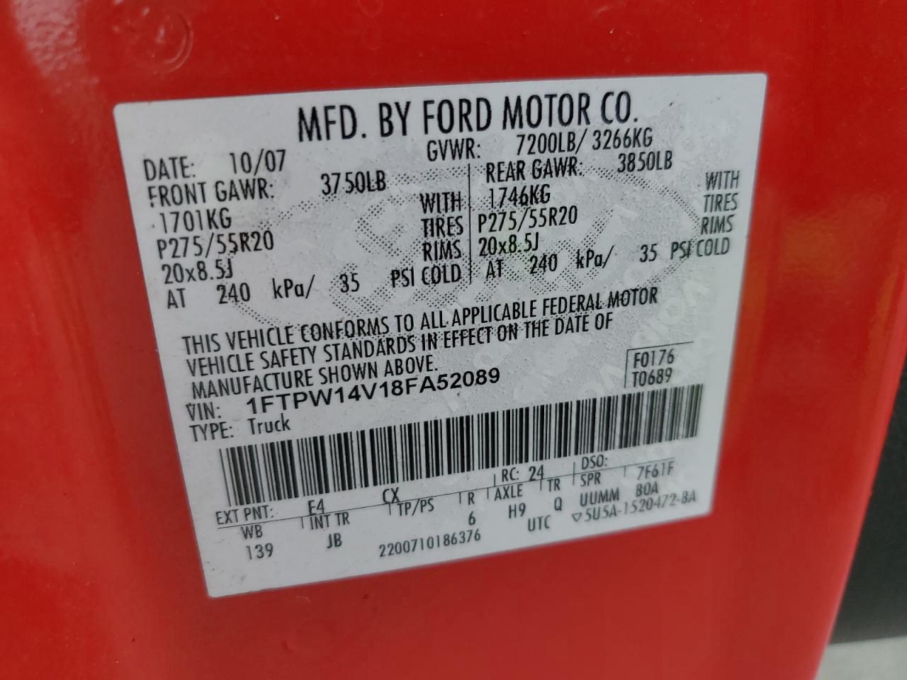 2008 Ford F150 Supercrew VIN: 1FTPW14V18FA52089 Lot: 68174625