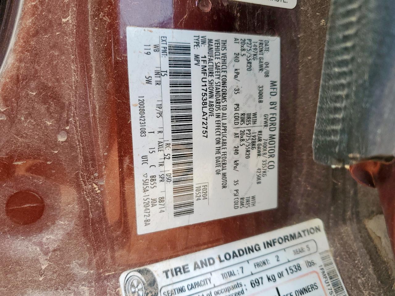 2008 Ford Expedition Eddie Bauer VIN: 1FMFU17538LA72757 Lot: 68780705