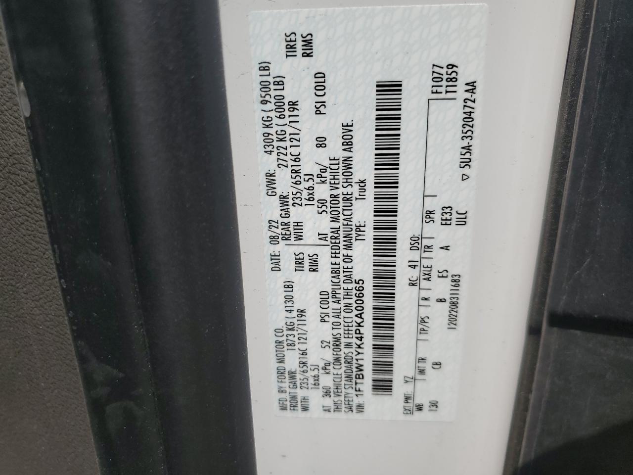 2023 Ford Transit T-350 VIN: 1FTBW1YK4PKA00665 Lot: 69080905