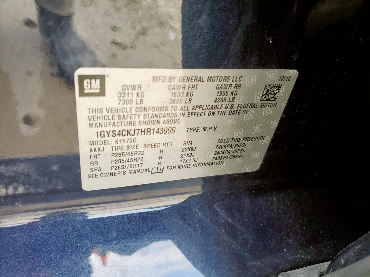 2017 Cadillac Escalade Premium Luxury VIN: 1GYS4CKJ7HR143999 Lot: 69984655