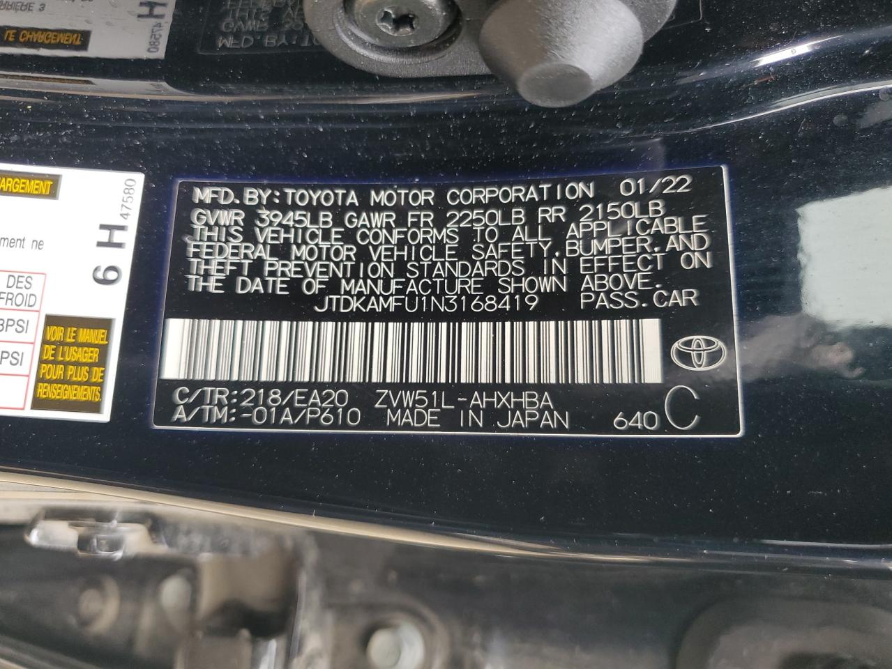 2022 Toyota Prius Night Shade VIN: JTDKAMFU1N3168419 Lot: 68430615