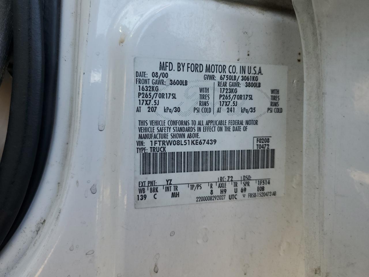 2001 Ford F150 Supercrew VIN: 1FTRW08L51KE67439 Lot: 70430295