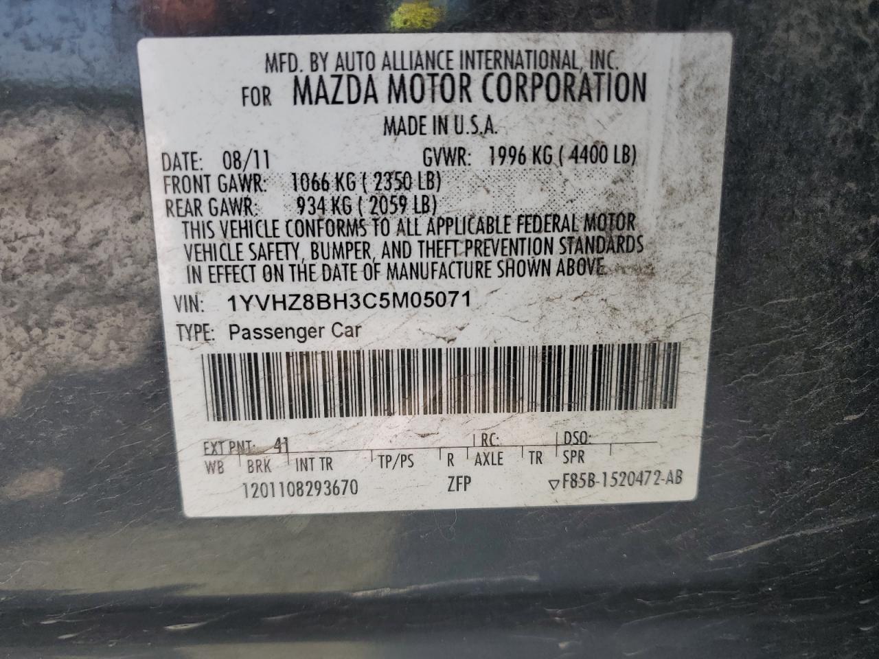 2012 Mazda 6 I VIN: 1YVHZ8BH3C5M05071 Lot: 68043035