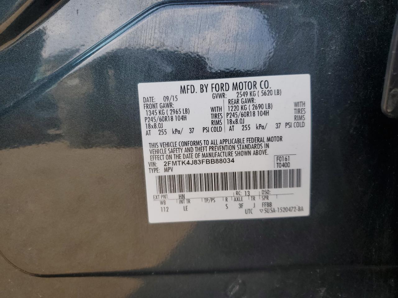 2015 Ford Edge Sel VIN: 2FMTK4J83FBB88034 Lot: 68945155