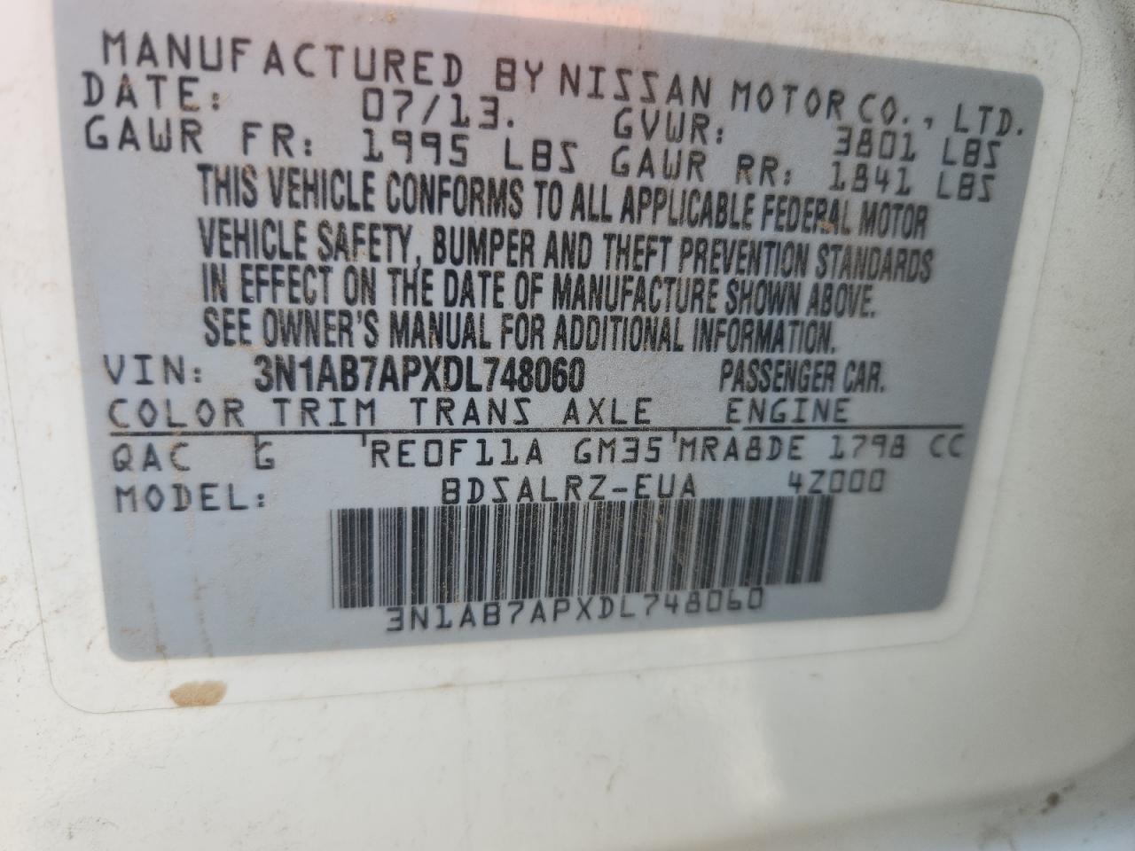 2013 Nissan Sentra S VIN: 3N1AB7APXDL748060 Lot: 70728955