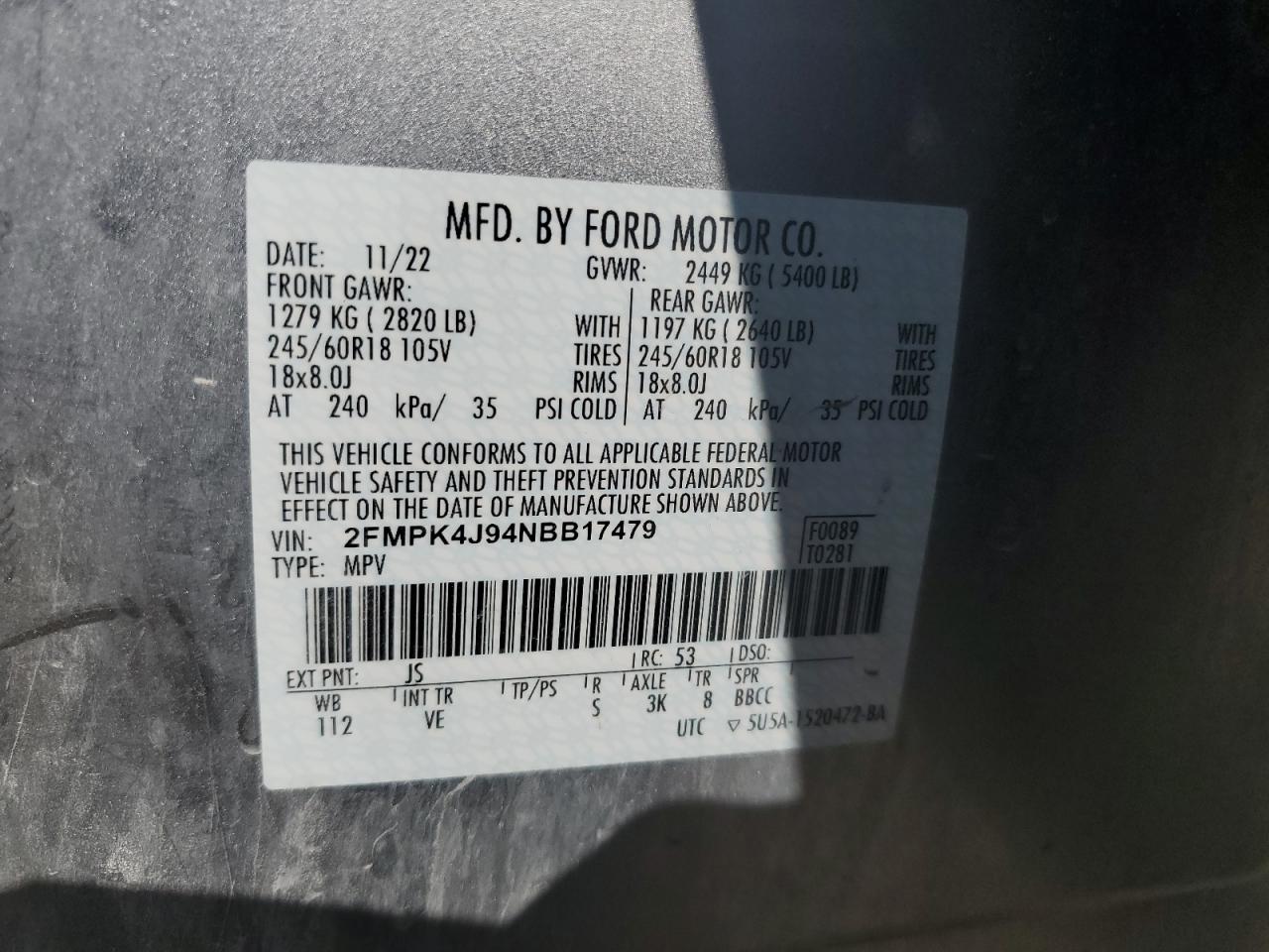 2022 Ford Edge Sel VIN: 2FMPK4J94NBB17479 Lot: 70008855