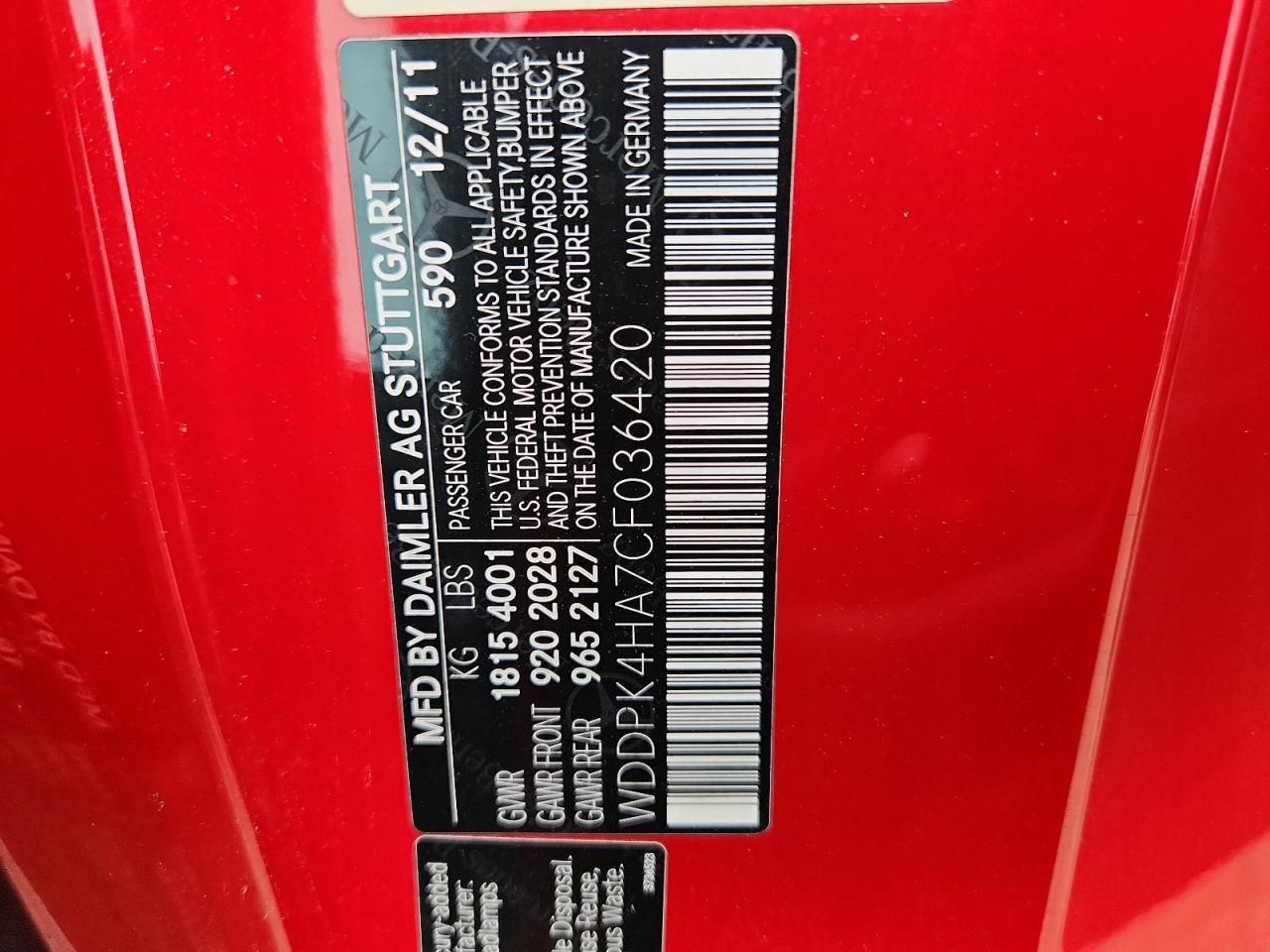 2012 Mercedes-Benz Slk 250 VIN: WDDPK4HA7CF036420 Lot: 66908145