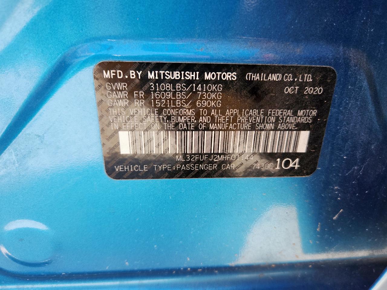 2021 Mitsubishi Mirage G4 Es VIN: ML32FUFJ2MHF01144 Lot: 67853025