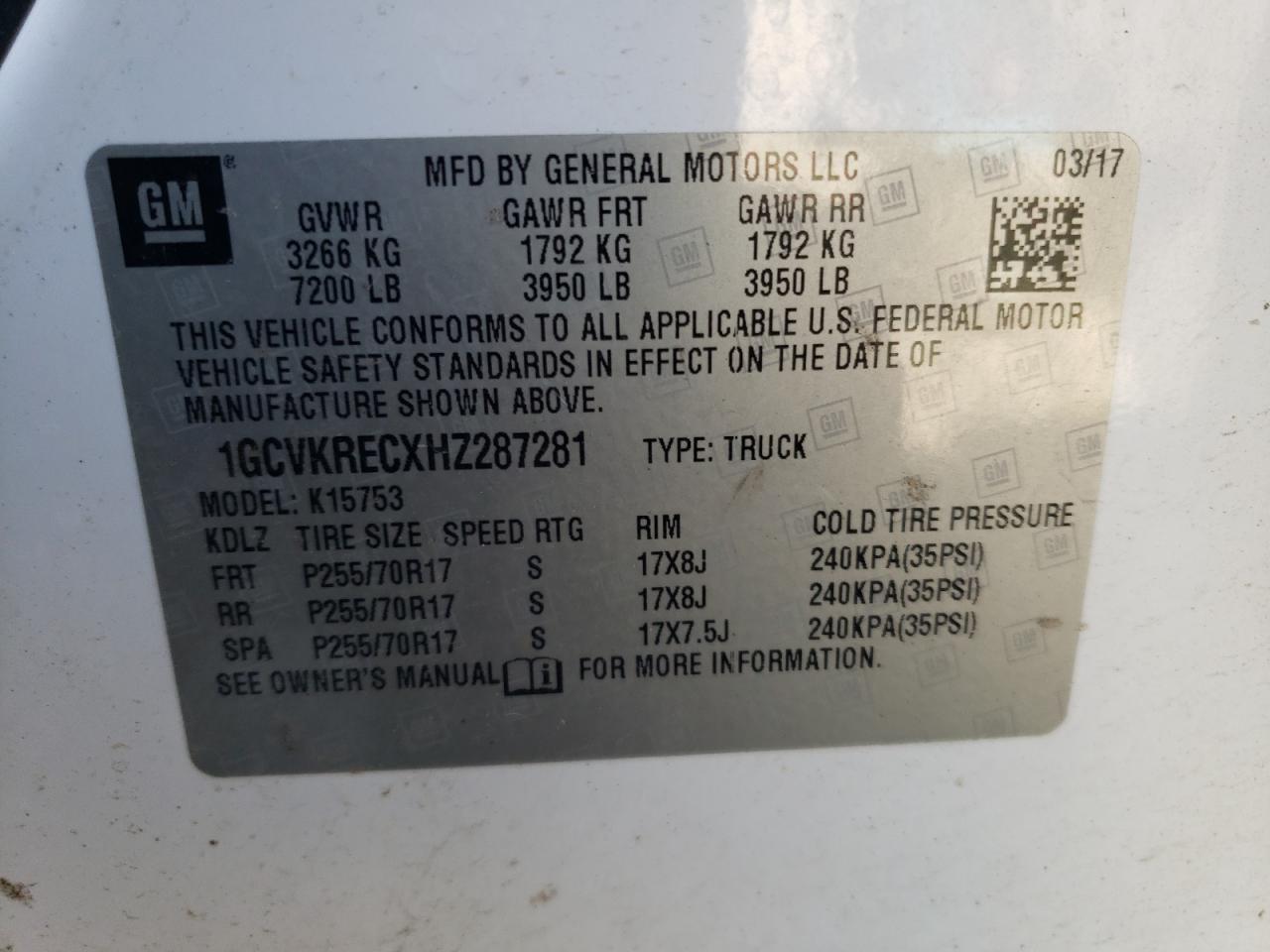 2017 Chevrolet Silverado K1500 Lt VIN: 1GCVKRECXHZ287281 Lot: 69915615