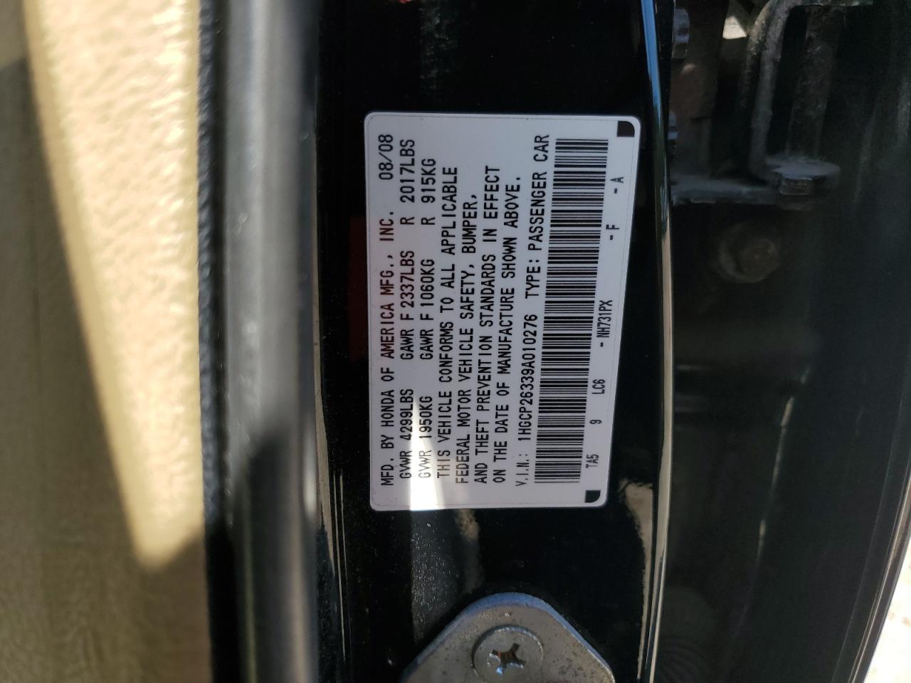 2009 Honda Accord Lx VIN: 1HGCP26339A010276 Lot: 69464195