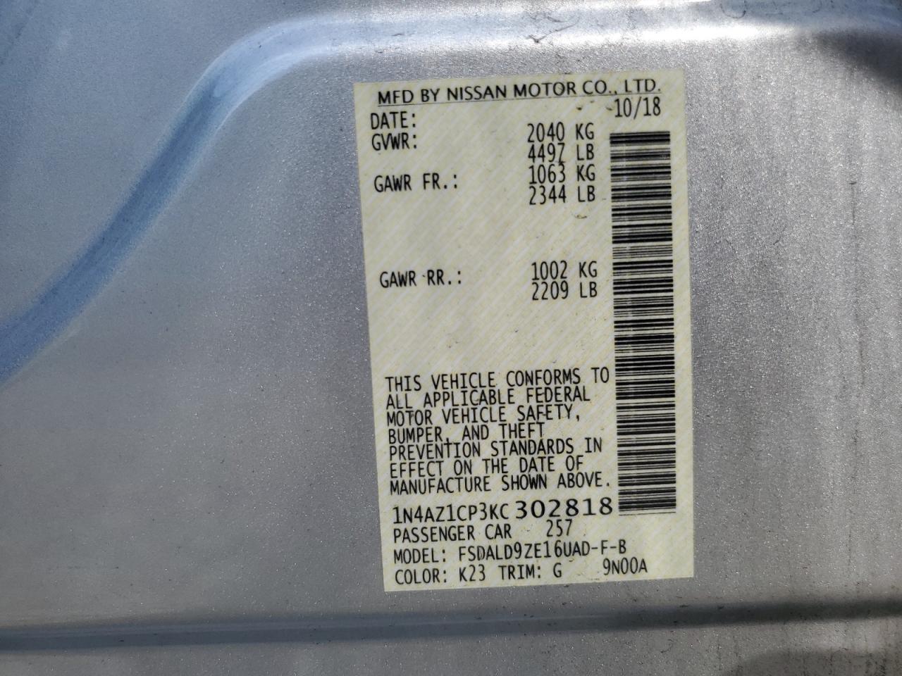 2019 Nissan Leaf S VIN: 1N4AZ1CP3KC302818 Lot: 70580175