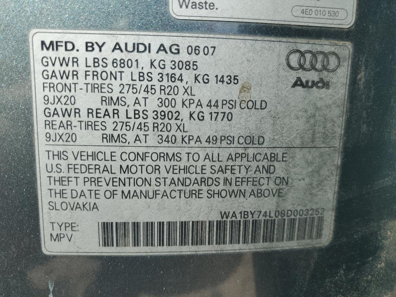 2008 Audi Q7 3.6 Quattro Premium VIN: WA1BY74L08D003252 Lot: 70974855