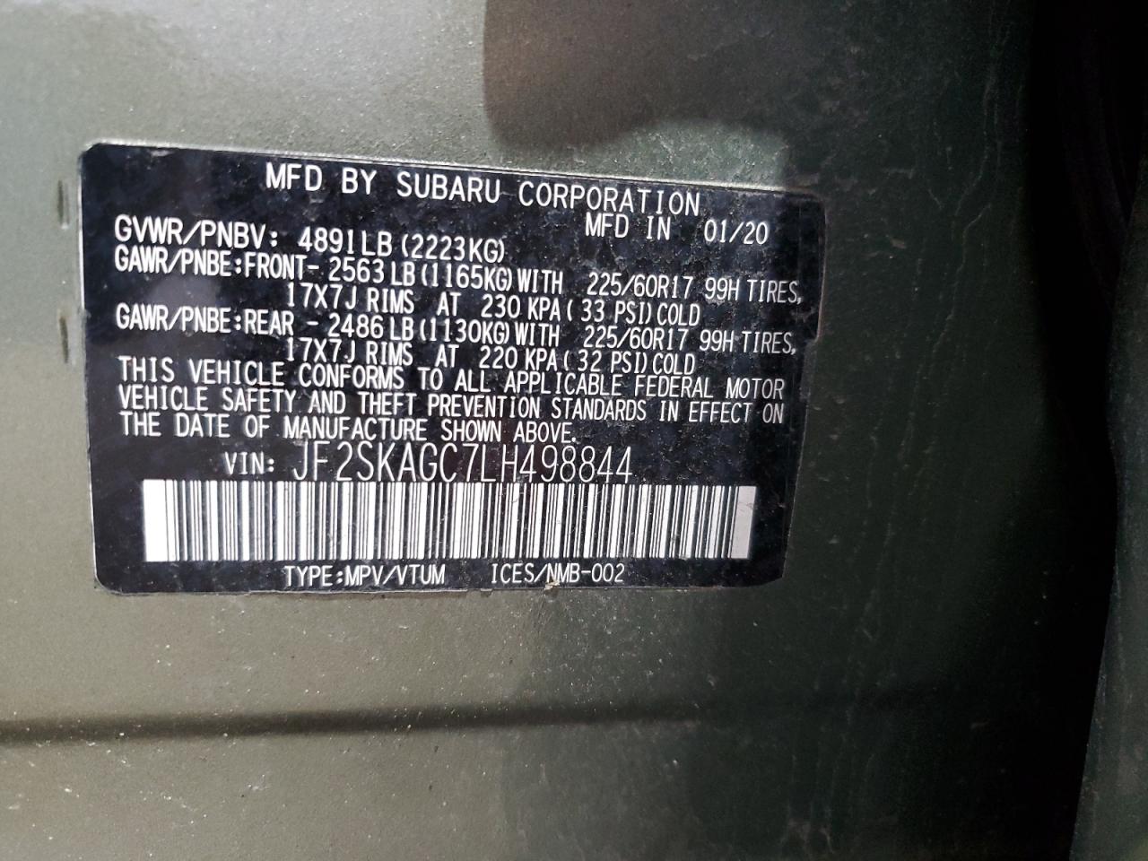 2020 Subaru Forester Premium VIN: JF2SKAGC7LH498844 Lot: 68762625