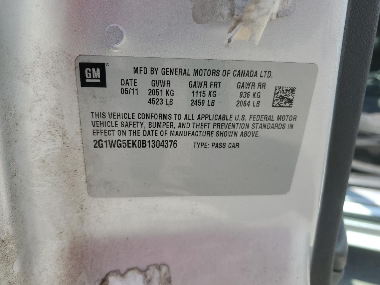 2011 Chevrolet Impala Lt VIN: 2G1WG5EK0B1304376 Lot: 68116975