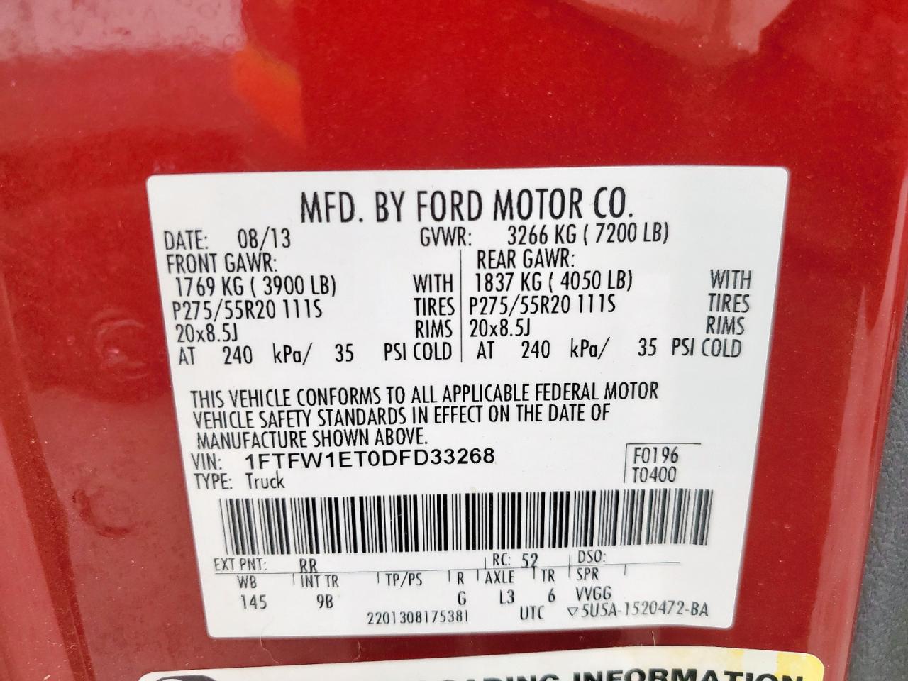 2013 Ford F150 Supercrew VIN: 1FTFW1ET0DFD33268 Lot: 70507195