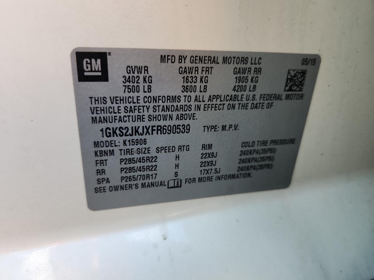 2015 GMC Yukon Xl Denali VIN: 1GKS2JKJXFR690539 Lot: 69418735