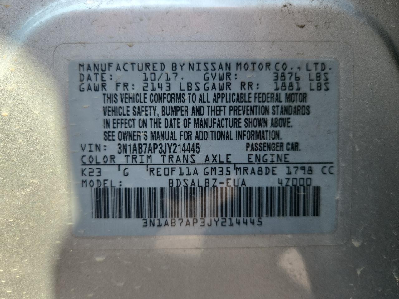 2018 Nissan Sentra S VIN: 3N1AB7AP3JY214445 Lot: 70049595