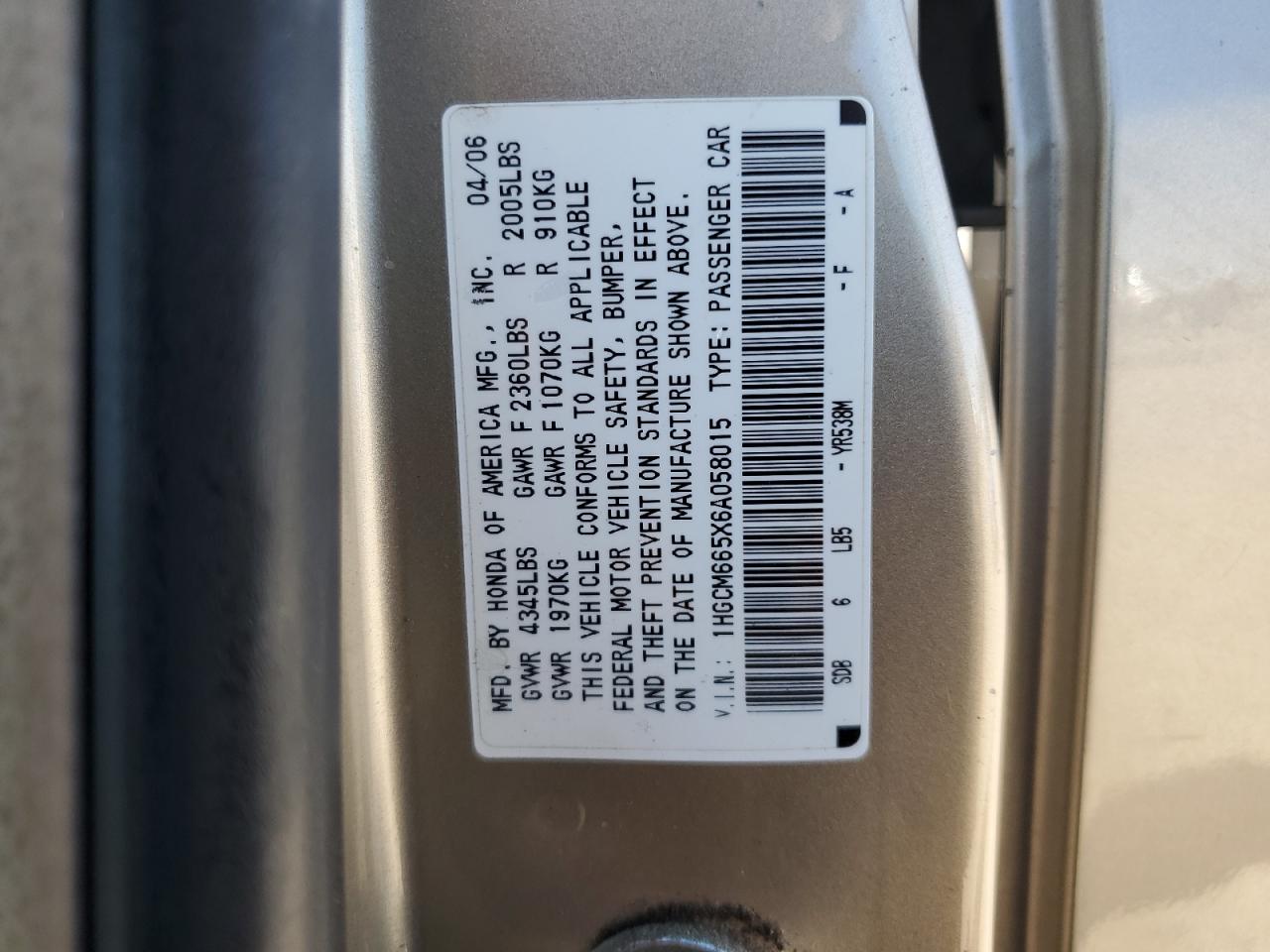 2006 Honda Accord Ex VIN: 1HGCM665X6A058015 Lot: 69689145