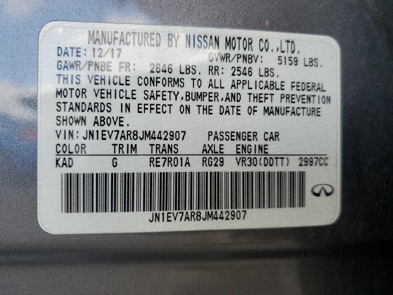 2018 Infiniti Q50 Luxe VIN: JN1EV7AR8JM442907 Lot: 70957205